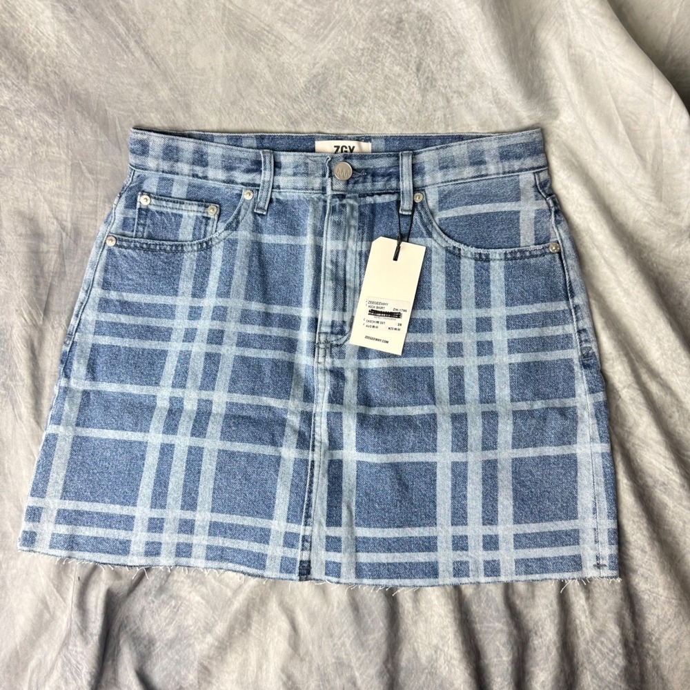 Zee Gee Why ZGY Denim Kick Skirt Check Me Out Blue Plaid High Rise A-Line 28 NEW